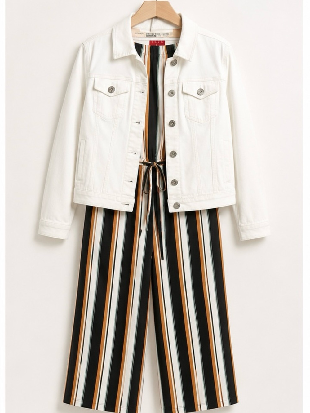 Black, White & Tan Striped Wide-Leg Jumpsuit with Elle White Jacket
